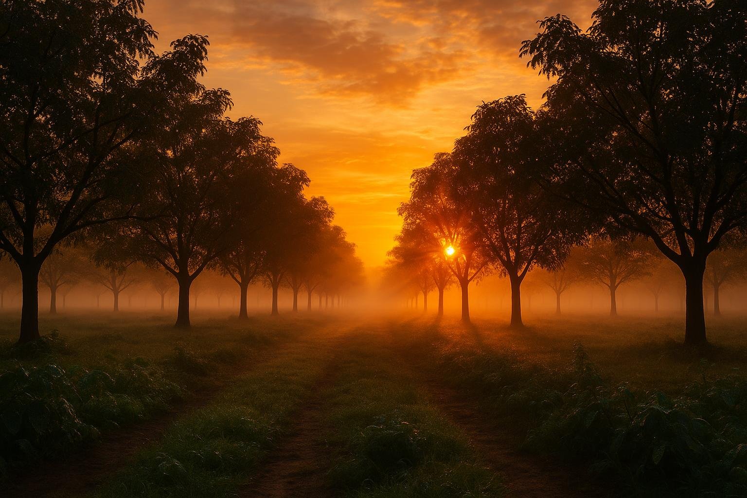 Sunrise over walnut orchard