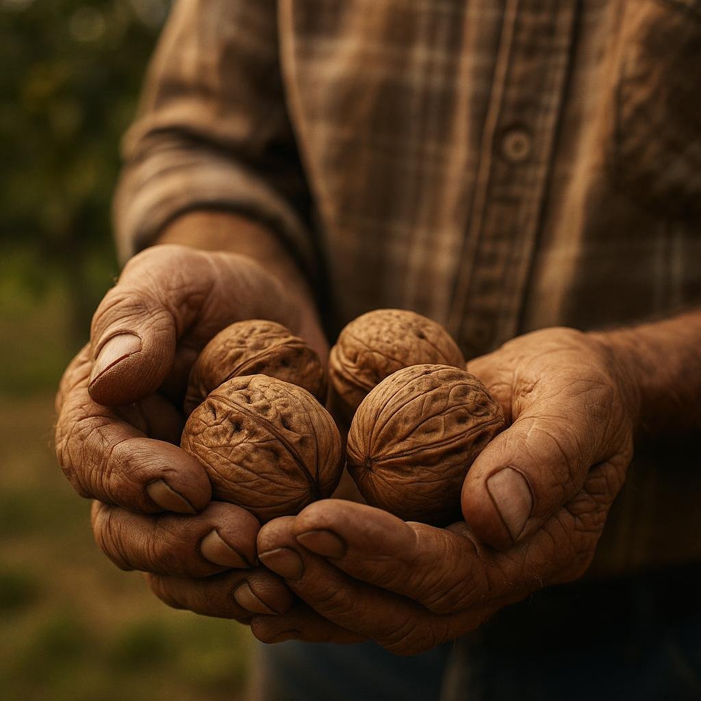 Fresh organic walnuts in farmer's hands